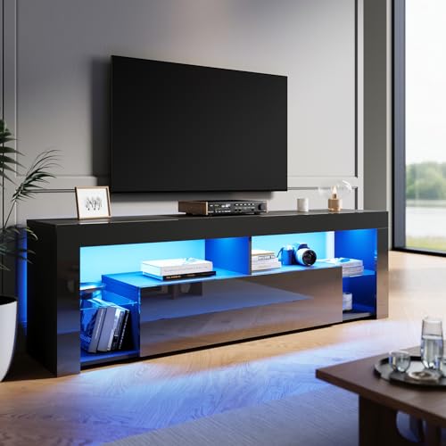 ZANOFIRA TV Stand Cabinet with 16 RGB LED Lights, High Gloss Black TV Stand with Large Storage, 1 Drawer & 2 Glass Shelves for Living Room, Bedroom 1600 x 350 x 505mm