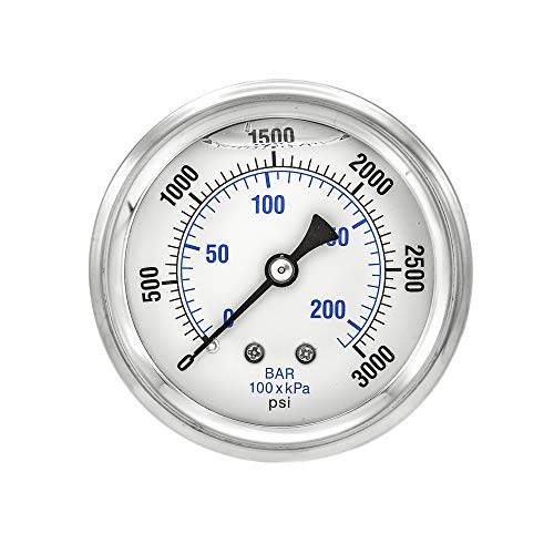 Pic Gauge Pro-202L-254P Glycerin Filled Industrial Center Back Mount Pressure Gauge With Stainless Steel Case, Brass Internals, Plastic Lens, 2-1/2" Dial Size, 1/4" Male Npt, 0/3000 Psi #TOP1
