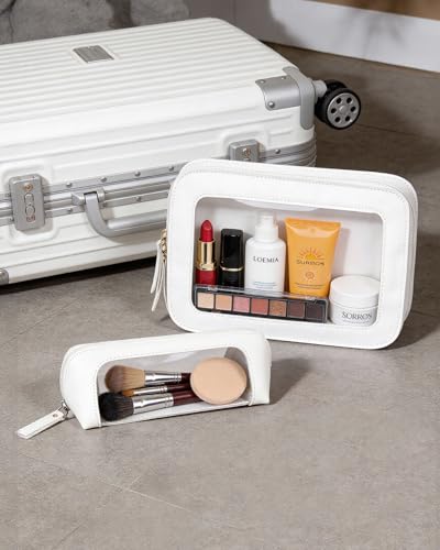 Image of LETGO 2Pack Clear Makeup Bags Set, Small Clear Makeup Bag, PU Leather Travel Makeup Brush Case Portable Transparent Waterproof Cosmetic Organizer Pouch with Zipper for Women(2Pack-White Set)