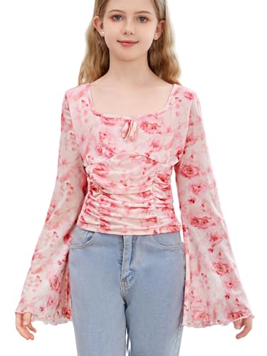 Verdusa Girl's Floral Print Square Neck Lettuce Trim Long Bell Sleeve Ruched Tee Top