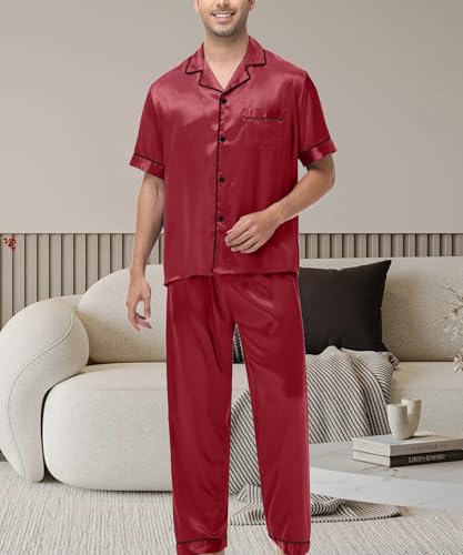 Mens Satin Silky Pajama Sets Short Sleeve Button Down Sleepwear Long Pants Loungewear with Pockets4