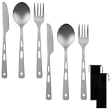 6 Pcs Pure Titanium Fork Spoon Knife Camping Utensils Set Portable Titanium Cutlery, Lightweight Travel Tableware Utensil Set with Carrying Bag for Outdoor Camping Backpacking Picnic Hiking