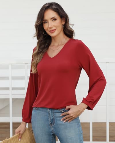 Amzdora Womens Dressy Tops V Neck Floral Long Sleeve Shirts Loose Puff Sleeve Work Blouses Casual Fall Stylish Clothes Red - image 6