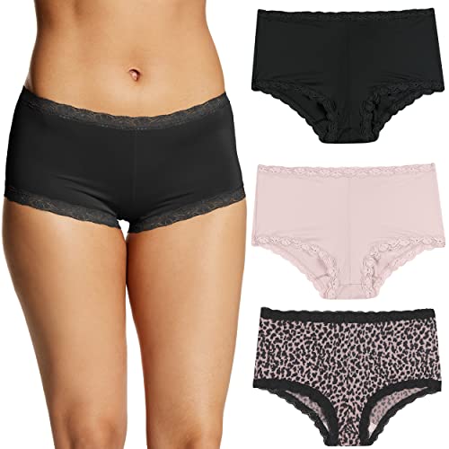 Maidenform Womens Microfiber Boyshort Panty Pack, One Fab Fit With Lace, Boy Short Panties, Black/Gloss/Zippy Animal Print, Large US
