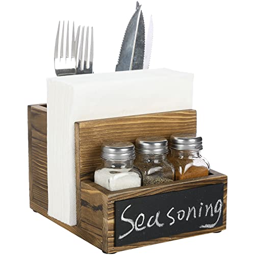 Mygift 4 Piece Set Rustic Brown Solid Wood Napkin And Salt & Pepper Shaker And Flatware Holder Caddy With 4 Compartments, 3 Seasoning Jar Bottles And Chalkboard Label #TOP14