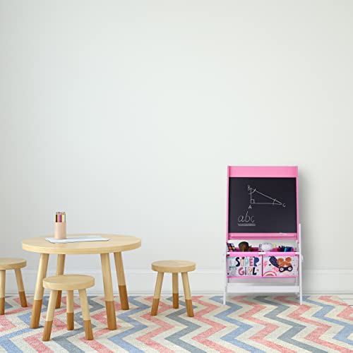 Relaxdays Standtafel Kinder, 2 in 1, Kindertafel mit Papierrolle & Körben, HBT 94 x 52 x 46,5 cm, Kreidetafel, rosa/weiß