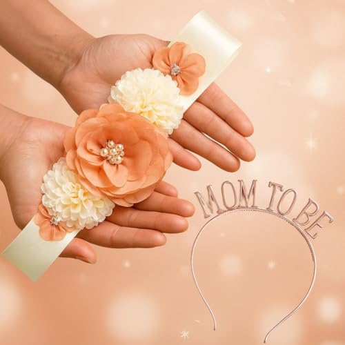 Image of WP WANNA PARTY Baby Shower Decoration Items Mom To Be Flower Waistband And Headband Tiara 2Pcs For Maternity, Pregnancy Photoshoot Material Items Supplies, Mom To Be Crown -Mom To Be Sash For Women