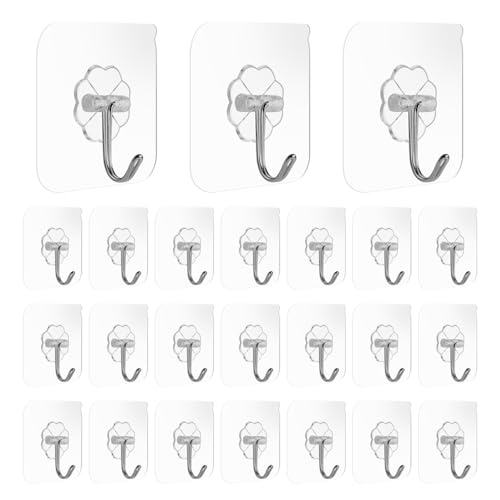 KINDOYO Self Adhesive Hooks - 24Pcs Heavy Duty Transparent Hooks Nail Free Sticky Seamless Hooks for Hanging Waterproof Adhesive Ceiling Hooks Wall Hooks for Kitchen Bathroom Office