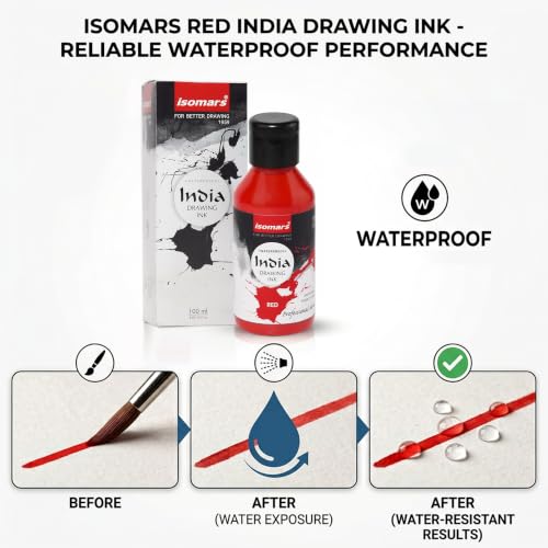 Image of Isomars India Waterproof Drawing Ink Red 100ml | Professional Artist Ink for Illustration, Calligraphy, Airbrush, Canvas, Fabric, Wood, Paper & Technical Drawing