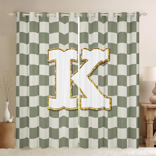Image of Erosebridal Sage Green Checkered Blackout Curtains for Bedroom Living Room Plaid Initial K Window Curtains 2 Panels 38 inch Wx45 L Personalized Monogram Drapes,Grids Gingham Window Treatments