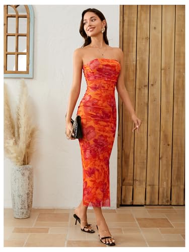 Image of Milumia Women's 2026 Summer Floral Strapeless Tube Top Dresses Side Slit Wedding Guest Bodycon Maxi Dress