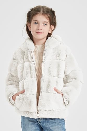 Image of Giolshon Girls Faux Fur Fleece Jacket Sherpa Fuzzy Hoodie Winter Coat with Full Zip Fluffy Outerwear 2169