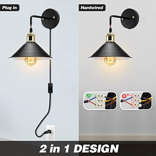 KEWANNO Plug in Wall Sconces, 2PACK Wall Lamp with Plug in Cord, Plug in Wall Light Sconces, Sconces Wall Lighting Plugin, E26 Modern Wall Light Fixtures (Black) - Image 2