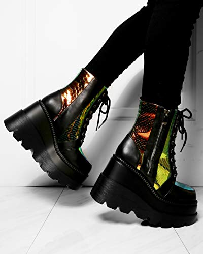 Cape Robbin Holographic Platform Ankle Boots for Women Chunky Block Heels Pointed Toe PU Leather with Buckle Strap Retro Futuristic Style (Radio)4