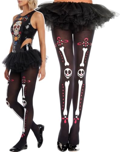 Image of ToBeInStyle Women's Sugar Skull Dia de los Muertos La Catrina Skeleton Bones Tights & Thigh High Stockings