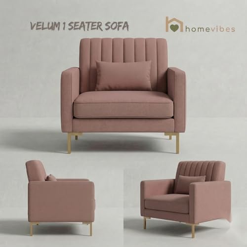 Image of 1 Seater Velum Fabric Sofa Set for Living Room, Modern Design with High Density Foam, Solid Wood Frame, Ergonomic Comfortable Seating for Home & Office (Baby Pink, 1 Seater) | Soft foam comfort