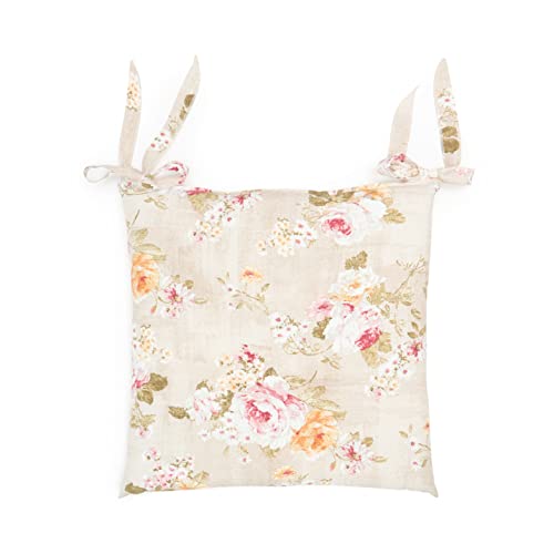 Coussin de chaise matelassé avec lacets pratiques, 40 x 40 cm, motif roses grandes roses et orange sur fond couleur taupe, 4 surpiqûres pour assise confortable, tissu 100 % coton, fabriqué en Italie Cover