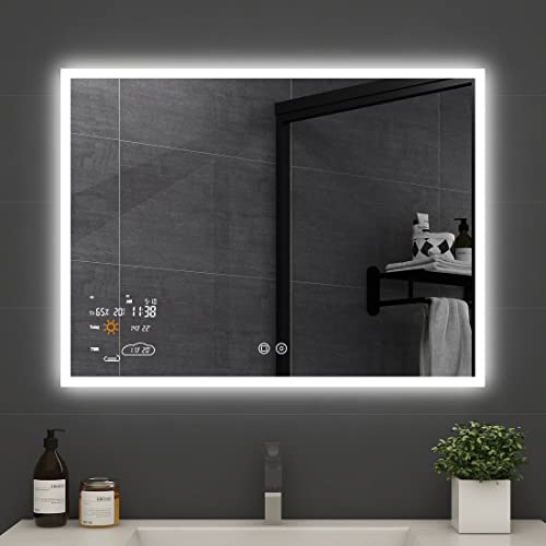 Evokor 32 x 24 Inch Led Smart Bathroom Mirror with Lights, Anti Fog Lighted Vanity Mirror with Weather Time Wall Mounted, White/Warm/Natural Light Dimmable, CRI92, IP54 Waterproof (Horizontal)