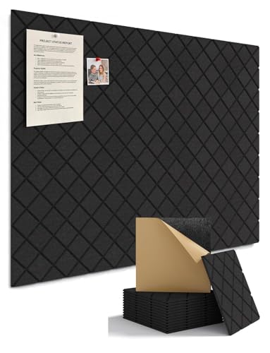 Kuchoow Bulletin Cork Board Large 47.2\" x 35.4\" Felt Notice Pinboard for Office Walls & Home, Self Adhesive 12 Pack Black Decorative Bulletin Mood Board Corkboard for for Bedroom, Display, Memo, Photo