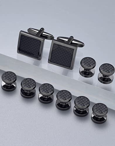 Ofeiyaa 10Pcs Square Cufflinks And Shirt Stud Formal Men Classic Cufflinks Tuxedo Buttons Set Black Tone Tuxedo Shirts For Business Wedding #TOP4