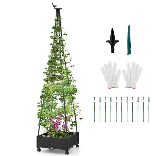 COSTWAY Rolling Garden Planter with Trellis, 206cm Planter Box Obelisk Trellis with Self-Drainage System, Wheels & Gloves, Metal Trellis Plant Supports Tower for Vine Fruits Tomato Rose