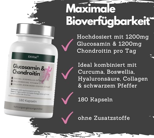 Glucosamin Chondroitin hochdosiert - 1200 mg pro Tag- mit Curcuma, Weihrauch, Hyaluronsäure, Vitamin C, Collagen & Piperin -180 Kapseln, laborgeprüft