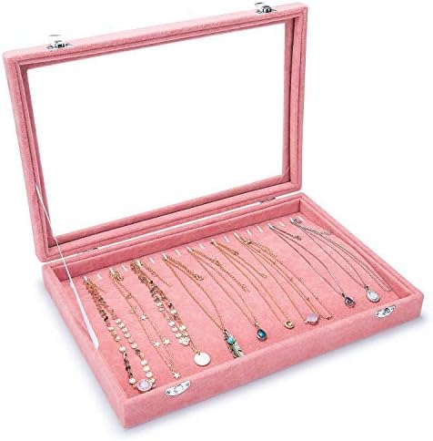 BASUWELL Velvet Glass Necklace Bracelet Anklet Display Storage Holder Jewellery Storage Box Case Organiser - Pink