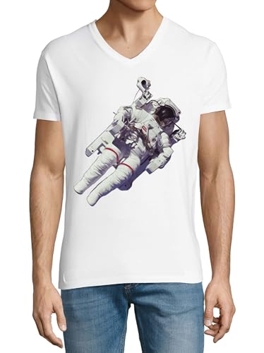 T-shirt col en V Astronaute blanc idéal pour un look urbain et décontracté en été