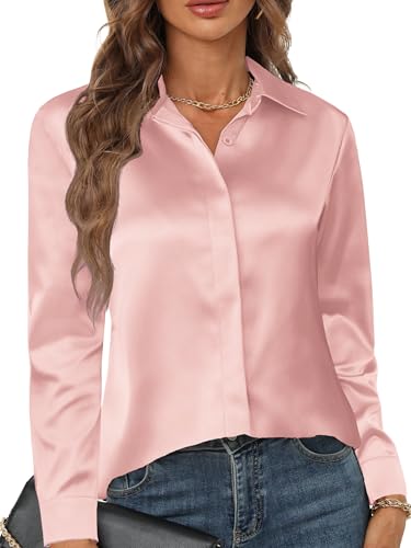 Zeagoo Blusa de Satén para Mujer Elegante Cuello en V Blusas de Manga Larga con Botones Parte Superior Informal Sólida Suelta Rosa L