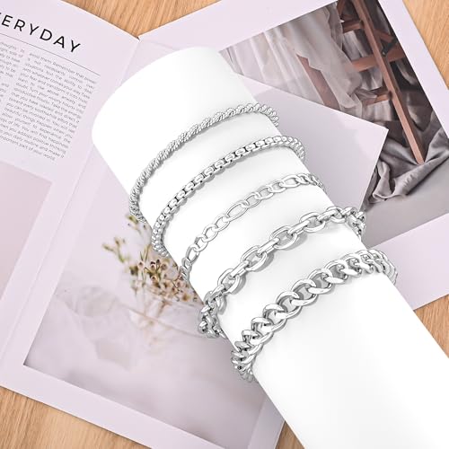 5PCS Stainless Steel Bracelets for Men, Silver Gold Black Sturdy Cuban Link Box Rope Chain Paperclip Figaro Bracelet for Women Men Jewelry Set4