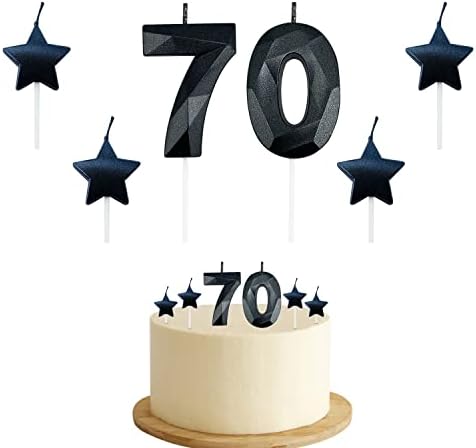70th Birthday Candles for Cake - Number 70 & 7 & 0 Birthday Candles and Glitter Star Birthday Candles 2 Inch 3D Diamond Shape Number Candles for Birthday Party Anniversary Kids Adults(Black)