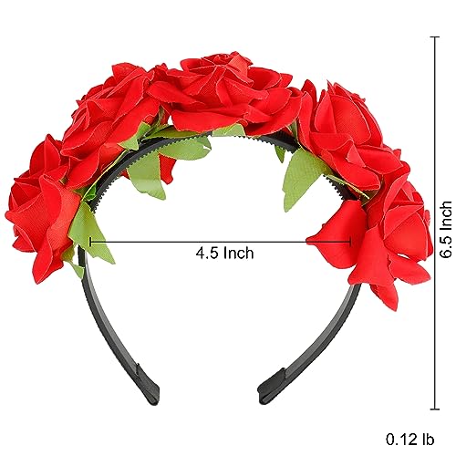 Supoo Red Flower Headbands For Women Wedding Rose Mexican Flower Crown Floral Headpiece Halloween Fairy Crown Day Of The Dead Flower Wreath For Renaissance Festival Maternity thumb #6
