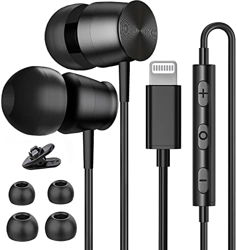 MFi Certified Lightning Headphones Wired Earbuds with Mic Noise Isolation Stereo Bass in-Ear Headphones Lightning Connector Wired Earphones for iPhone 13 14 12 Pro Max 11 XR SE Black