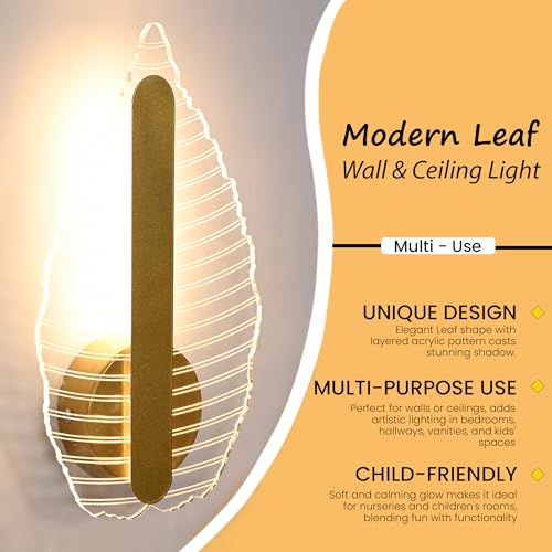 Image of Groeien Pack of 2 | Leaf Glow Modern LED Wall Lamp | Golden Decorative Wall Light for Living Room, Bedroom & Hall | Artistic Leaf Design Wall Fixture for Home Decor(VeinLeaf Glow, 2)
