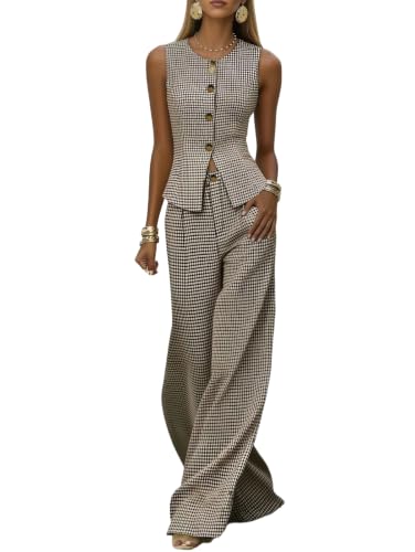 Cordelixyr Women 2 Piece Plaid Set Button Down Vest Top