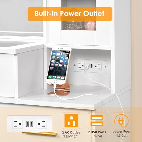 BEWISHOME 49.2" Large Vanity Desk with Mirror and Lights,White Makeup Vanity Table with Glass Top,Stool,Makeup Desk with Power Outlet,5 Drawers,Nightstand,Dressing Table for Bedroom Women FST34W