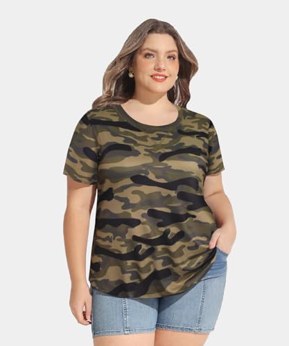 Image of CARCOS Plus Size Tops for Women Short Sleeve Shirt Summer Star /Leopard /Tie Dye /Flower Crewneck Pullover Tunic XL-5XL