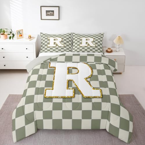 Image of Erosebridal Sage Green Checkered Kids Comforter Sets Plaid Initial R King Bedding Set for Adults Personalized Monogram Comforter Set,Fashion Grids Gingham Quilt Duvet 3 Pcs