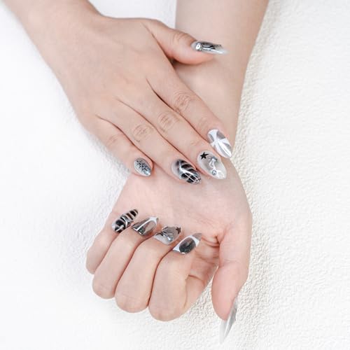 Sun&Beam Nails Handmade Press-on Medium Amlond Black Silver Brown Rhinestone Star Ombre Design Fashion False Nail Tips 10 Pcs Set (#186 M) - Image 3