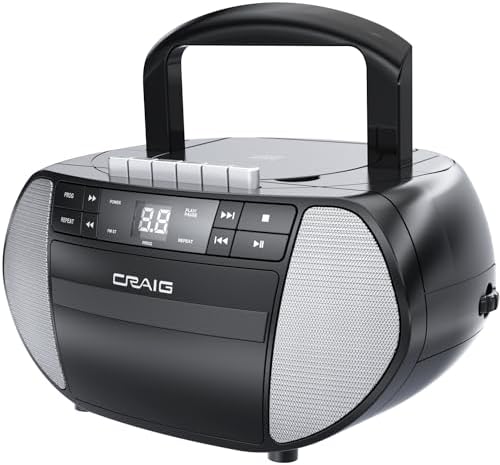 Craig CD6951-SL Portable Top-Loading CD Boombox with AM/FM Stereo Radio and Cassette Player/Recorder in Black and Silver | 6 Key Cassette Player/Recorder | LED Display |