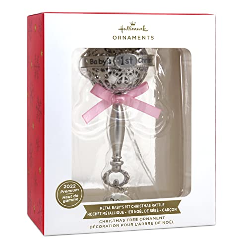 Hallmark Premium Baby's First Christmas Silver Rattle With Pink Ribbon 2022 Christmas Ornament, Metal #TOP2