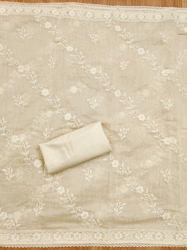 Image of Pandadi Saree Women's Elegant Lucknowi Work with Modal Cotton Chanderi and Embroidered Dupatta Unstitched Dress Material