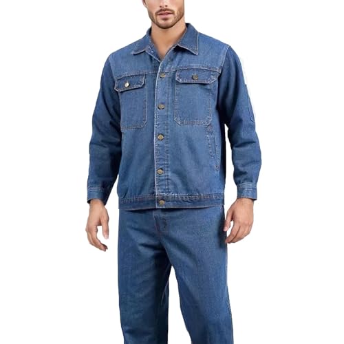 2 Piece Denim Suit for Men Vintage Button Down Washed Ripped Distressed Work Jackets Trucker Biker Jeans Set with Pockets