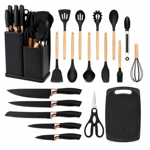 Kit Utensílios 19 Peças em Silicone para Cozinha, + Facas, Antiaderante, Resistente ao Calor, Cabo de Madeira, Livre de BPA - Organizador Compacto Sofisticado, Conjunto Completo (Preto)