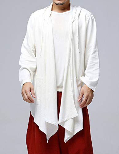 LifeHe Men\'s Cotton Linen Hooded Kimono Cardigan Curved Hem Jacket Coat (White, One Size) - Thumbnail 3