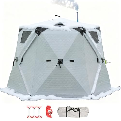 Upgraded 6–12 Person Insulated Ice Fishing Tent with Stove Jack, Dual-Layer 210D Oxford Thermal Shelter, 2 Doors 4 Windows, Pop-Up Ice Shanty for Winter Camping, Outdoor Use Silver-8-12Person