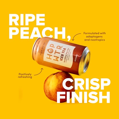 Image of HOPWTR Peach Iced Tea, Non Alcoholic Sparkling Tea with Adaptogens, Nootropics & Vitamin C, Zero Sugar Zero Calorie Functional Beverage, Gluten Free Hop Water Drink (12 Pack, 12oz Cans)