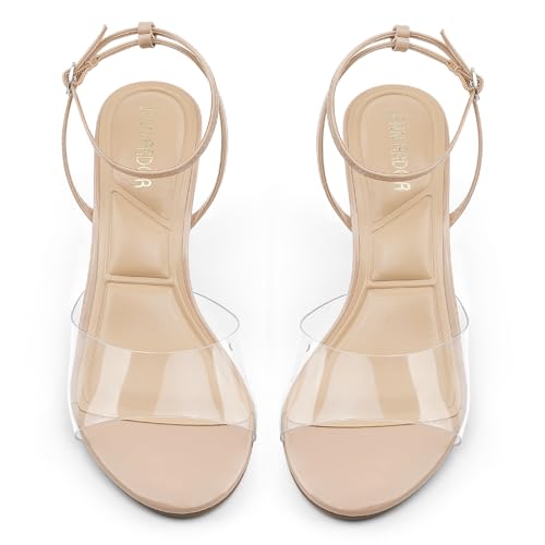 JENN ARDOR Clear Heels for Women Kitten Strappy Sandals Comfort Round Open Toe Ankle Strap Stilettos Wedding Party Low Heeled Dress Shoes