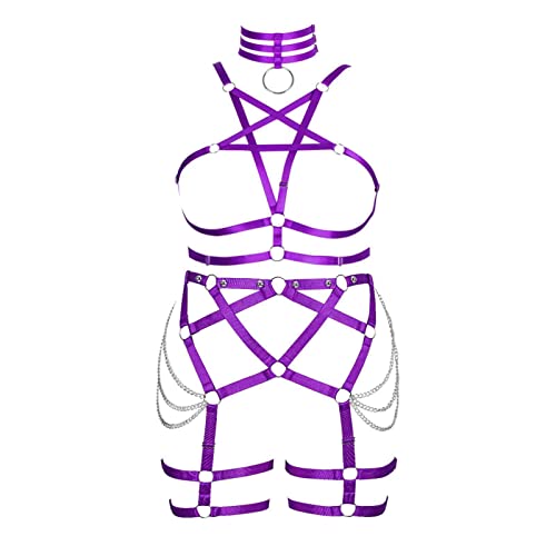 BBOHSS Arnés de Cuerpo para Mujer, Sujetador con Pentagrama, Conjunto de Liguero, Punk, gótico, Carnaval, Halloween, Talla Grande, Liga, Sujetador Hueco, Disfraz de Baile (Púrpura)