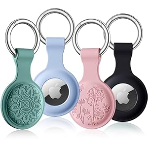 Dirrelo Airtag Holder Compatible with Apple AirTags Keyring, 4 Pack Flower Engraved Silicone Airtag Case, Scratch-Resistant Air tag Holder Keyring with Keychain for Keys Bags Luggage Pet Collars,A